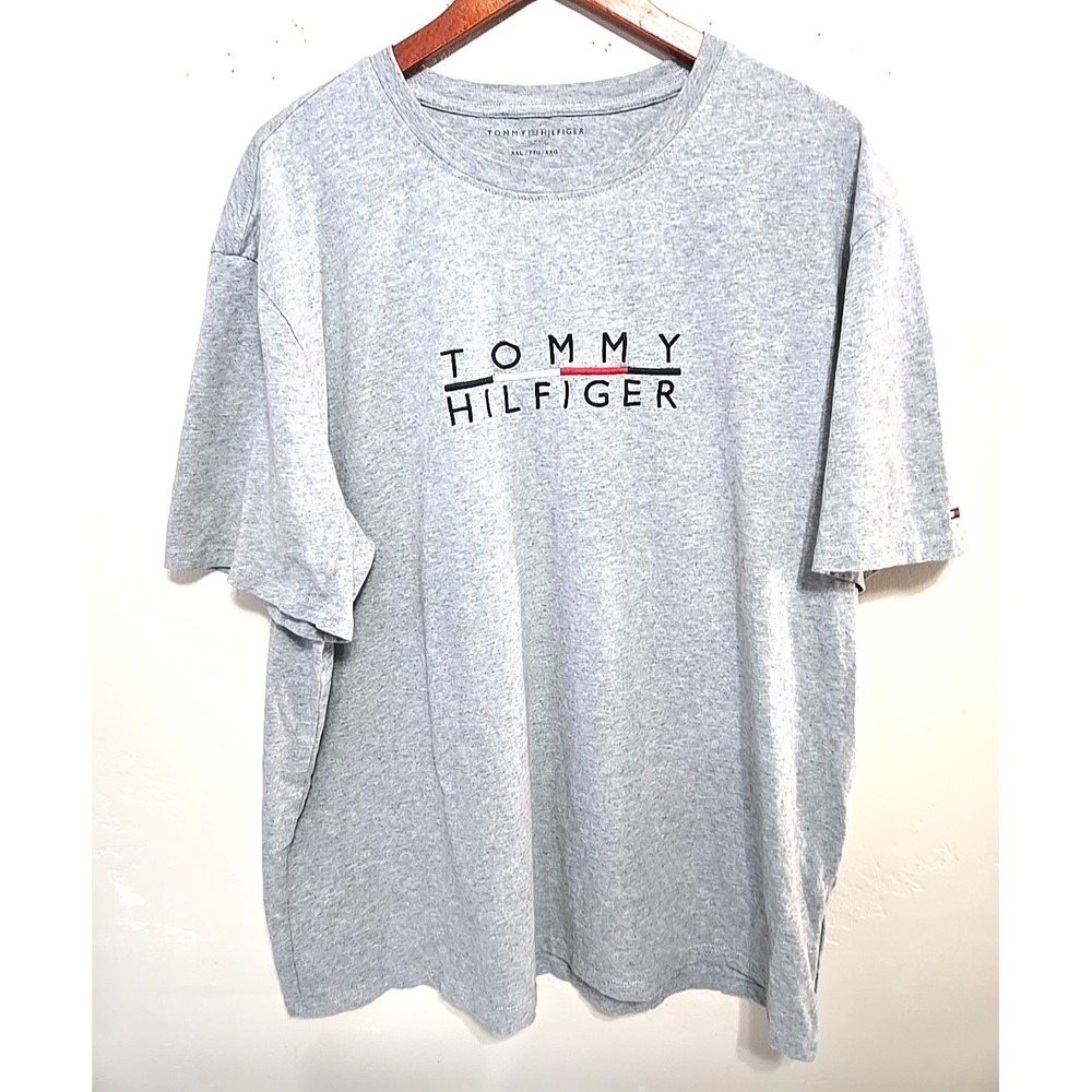 Vintage Tommy Hilfiger Shirt Men's 2XL Gray Spellout Logo 90s Flag Sleeve Tee